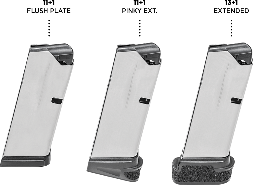 ExtraCarry Mag Pouch for the Springfield Hellcat 9mm will be available for 10-round flush and pinky extension, 11-round flush, 11-round pinky extension, 13-round and 15-round extended magazines.