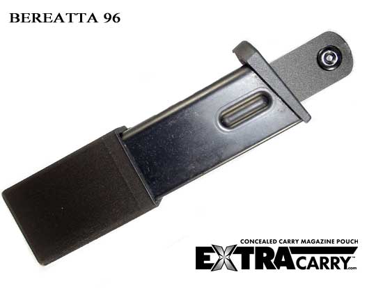 A black ExtraCarry Concealed carry magazine pouch for a Beretta 96 .40/9mm with a capacity of 10/13 rounds.