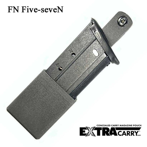 A black ExtraCarry Concealed Carry Magazine Pouch for an FN Five-Seven pistol with a 20-round magazine. The pouch is made of carbon fiber reinforced nylon and has the ExtraCarry logo on it.