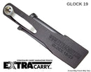 Glock 19 magazine pouch designed for carrying a spare Glock 19 or Glock 23 magazine. Made with carbon fiber reinforced nylon and features a patented locking system. ExtraCarry back