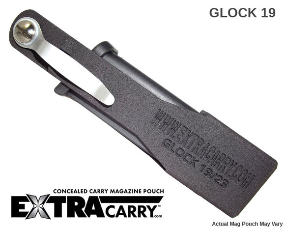 Glock 19 magazine pouch designed for carrying a spare Glock 19 or Glock 23 magazine. Made with carbon fiber reinforced nylon and features a patented locking system. ExtraCarry back