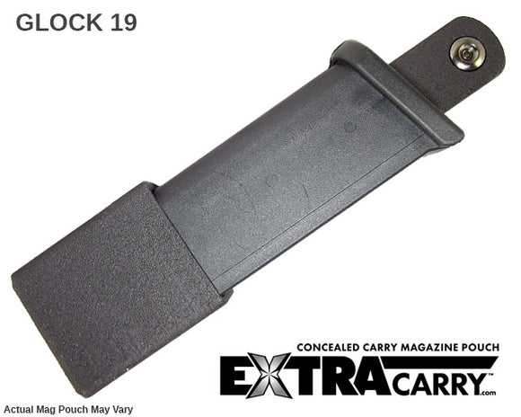 Glock 19 magazine pouch designed for carrying a spare Glock 19 or Glock 23 magazine. Made with carbon fiber reinforced nylon and features a patented locking system. ExtraCarry Front