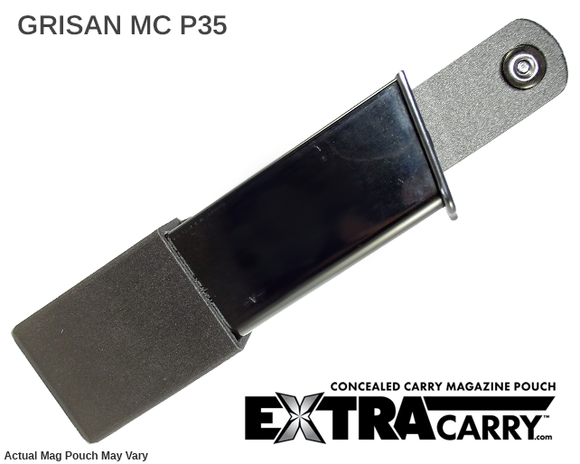 MCP35 magazine pouch designed for carrying a Grisan MCP 35  pistol magazine from ExtraCarry logo front
